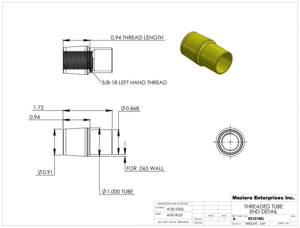 Tube End, fits 1" x .065 tube, 5/8-18 left thread