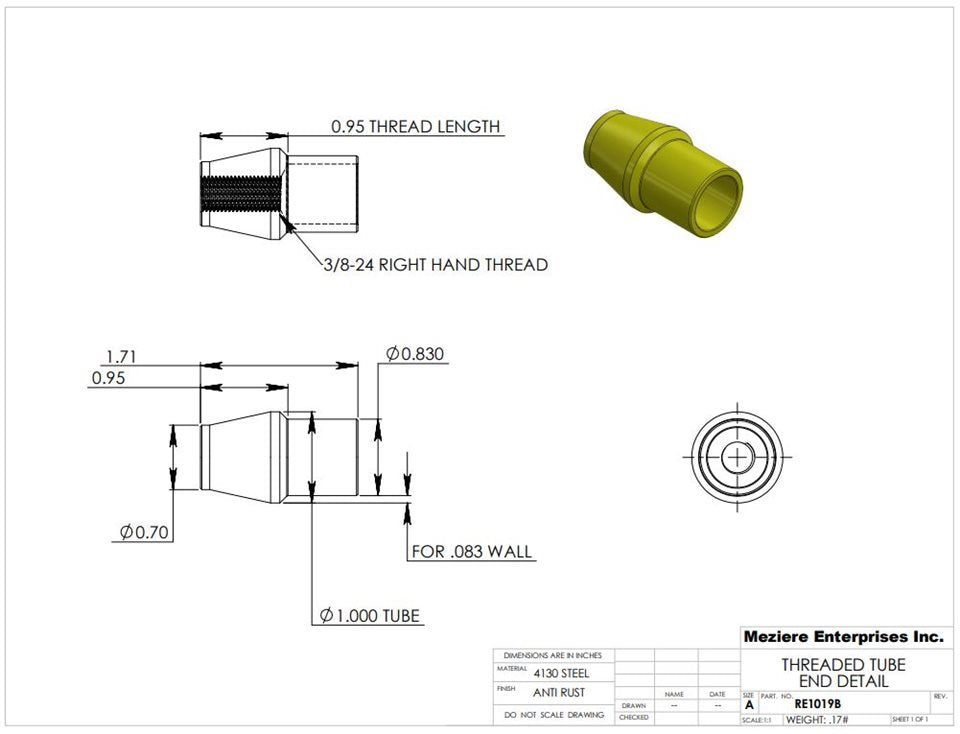 Tube End, fits 1" x .083 tube, 3/8-24 thread