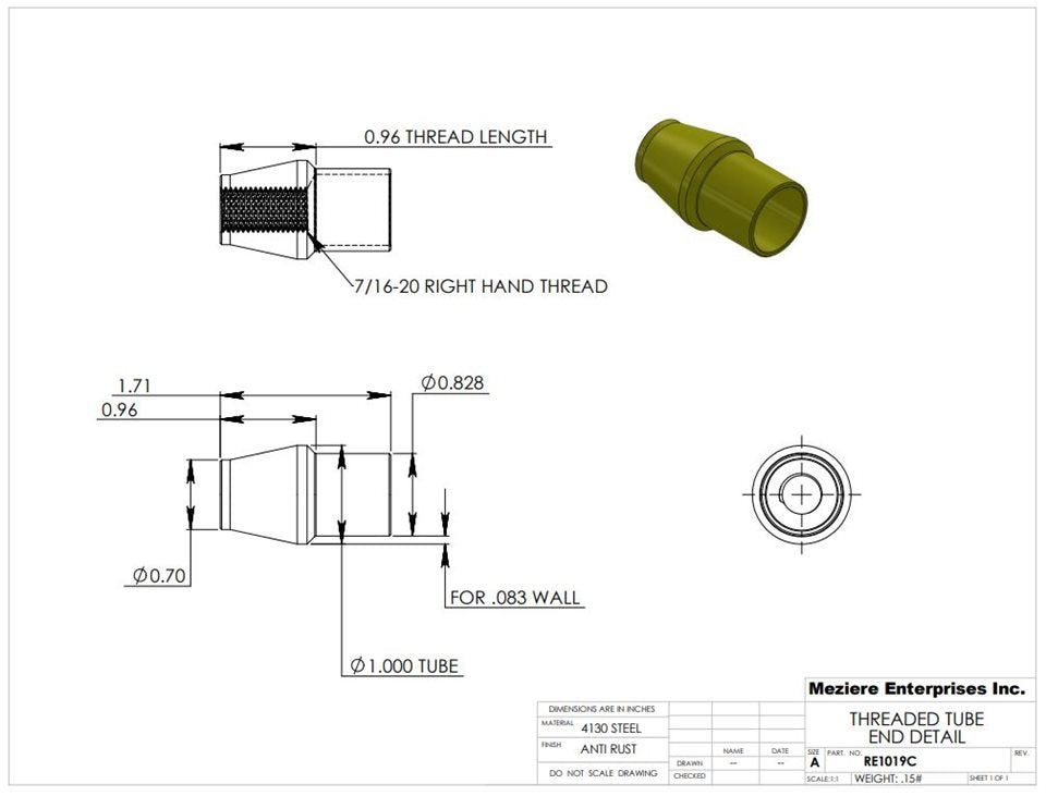 Tube End, fits 1" x .083 tube, 7/16-20 thread