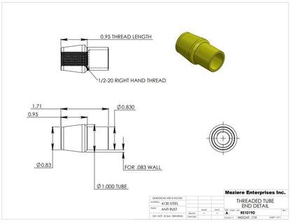 Tube End, fits 1" x .083 tube, 1/2-20 thread