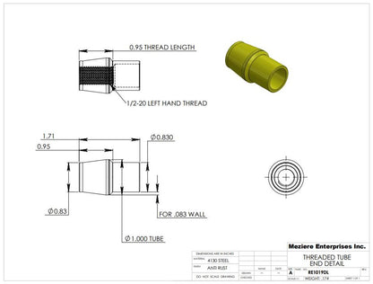 Extremo de tubo, se adapta a tubo de 1" x .083, rosca izquierda de 1/2-20