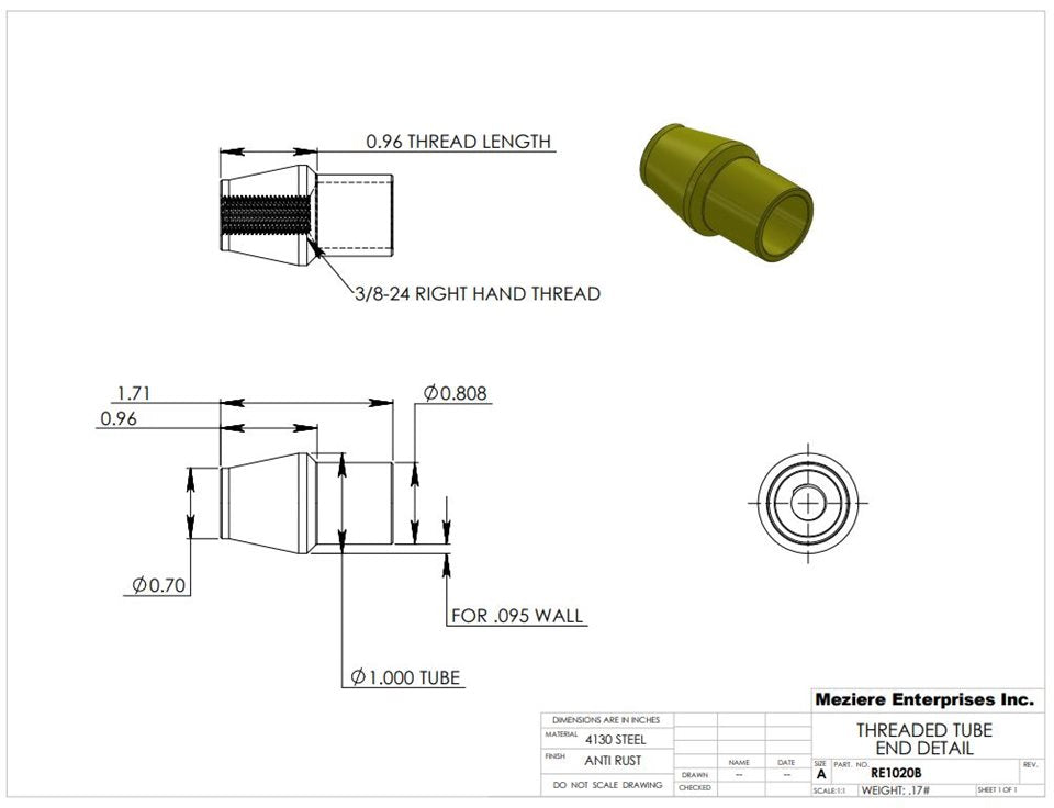 Tube End, fits 1" x .095 tube, 3/8-24 thread