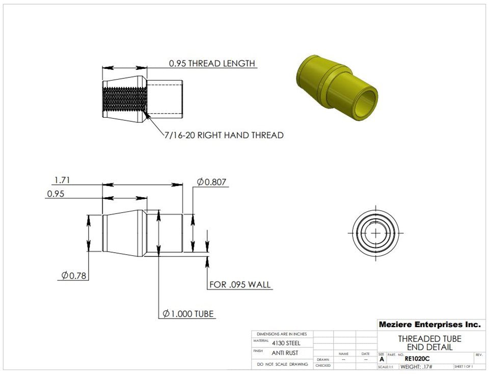 Tube End, fits 1" x .095 tube, 7/16-20 thread
