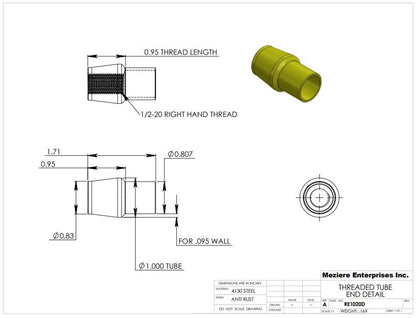 Tube End, fits 1" x .095 tube, 1/2-20 thread