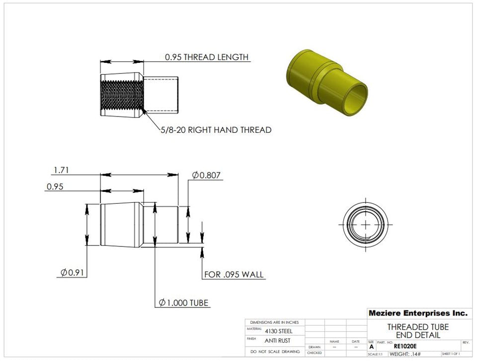 Tube End, fits 1" x .095 tube, 5/8-18 thread