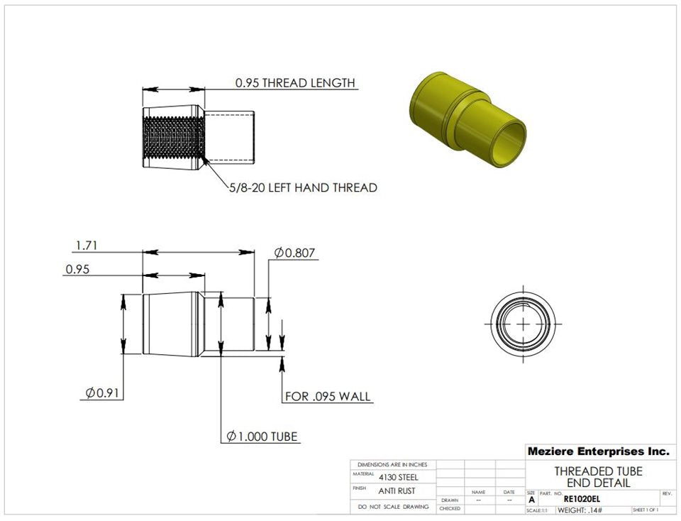 Tube End, fits 1" x .095 tube, 5/8-18 left thread