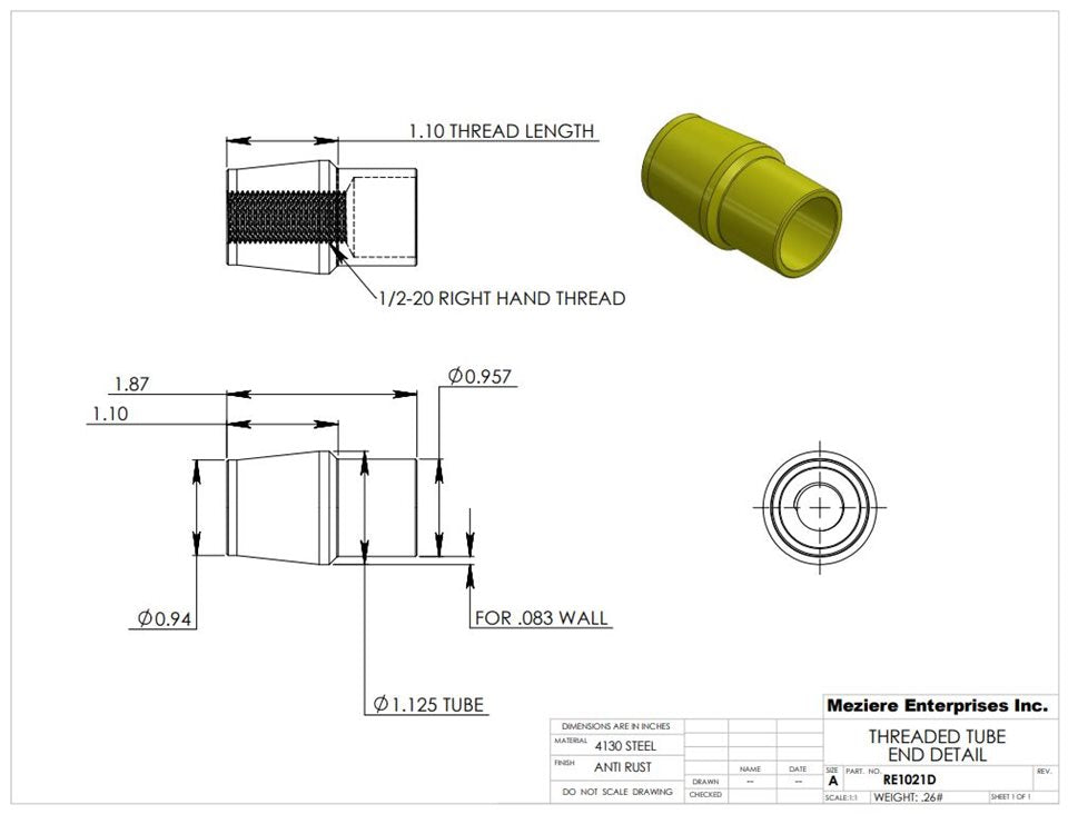 Rohrende, passend für 1-1/8" x .083 Rohr, 1/2-20 Gewinde