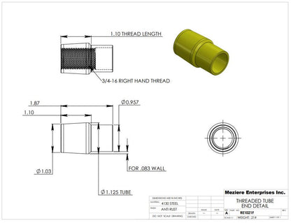 Tube End, fits 1-1/8" x .083 tube, 3/4-16 thread