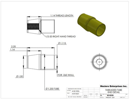 Tube End, fits 1-1/4" x .065 tube, 1/2-20 thread