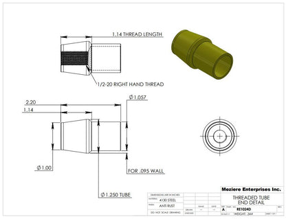 Extremo de tubo, se adapta a tubo de 1-1/4" x .095, rosca 1/2-20
