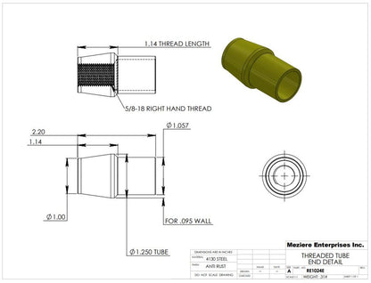 Tube End, fits 1-1/4" x .095 tube, 5/8-18 thread