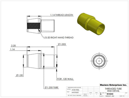 Tube End, fits 1-1/4" x .120 tube, 1/2-20 thread
