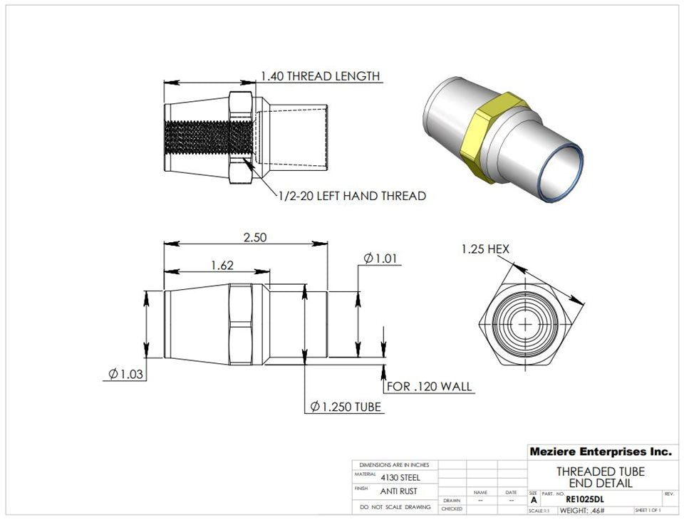 Extremo de tubo, se adapta a tubo de 1-1/4" x .120, rosca izquierda de 1/2-20