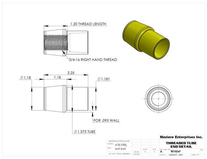 Tube End, fits 1-3/8" x .095 tube, 3/4-16 thread