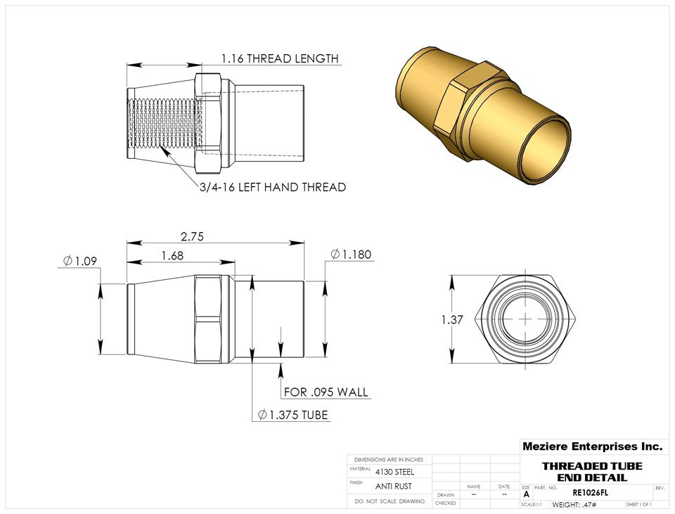 Tube End, fits 1-3/8" x .095 tube, 3/4-16 left thread