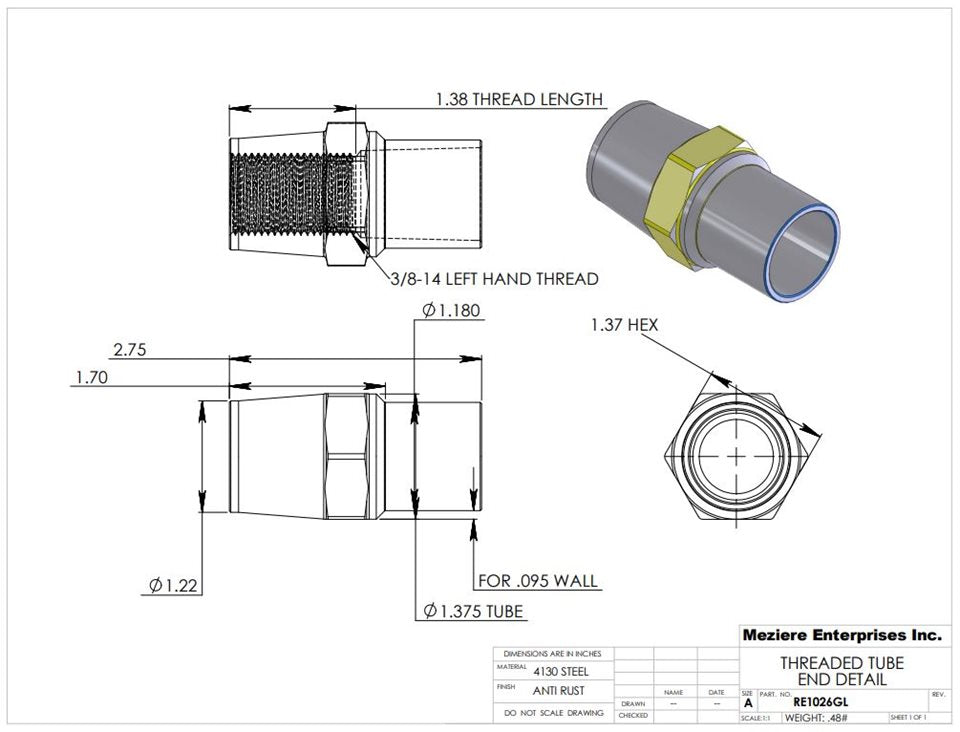 Tube End, fits 1-3/8" x .095 tube, 7/8-14 left thread