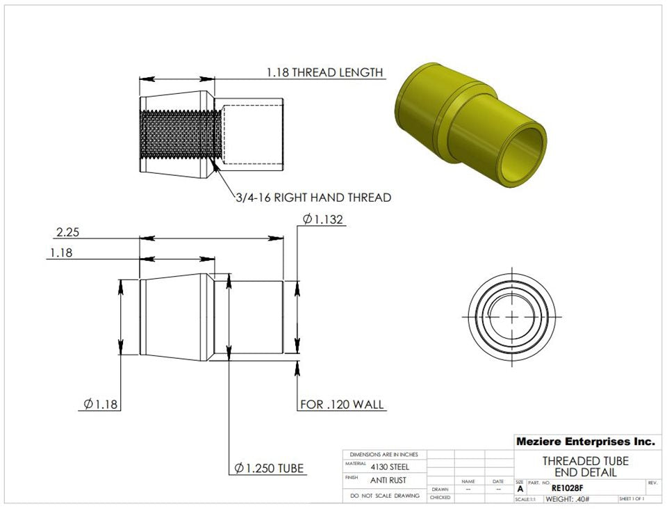 Tube End, fits 1-3/8" x .120 tube, 3/4-16 thread