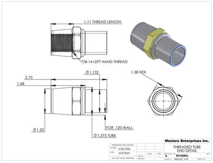 Tube End, fits 1-3/8" x .120 tube, 7/8-14 left thread