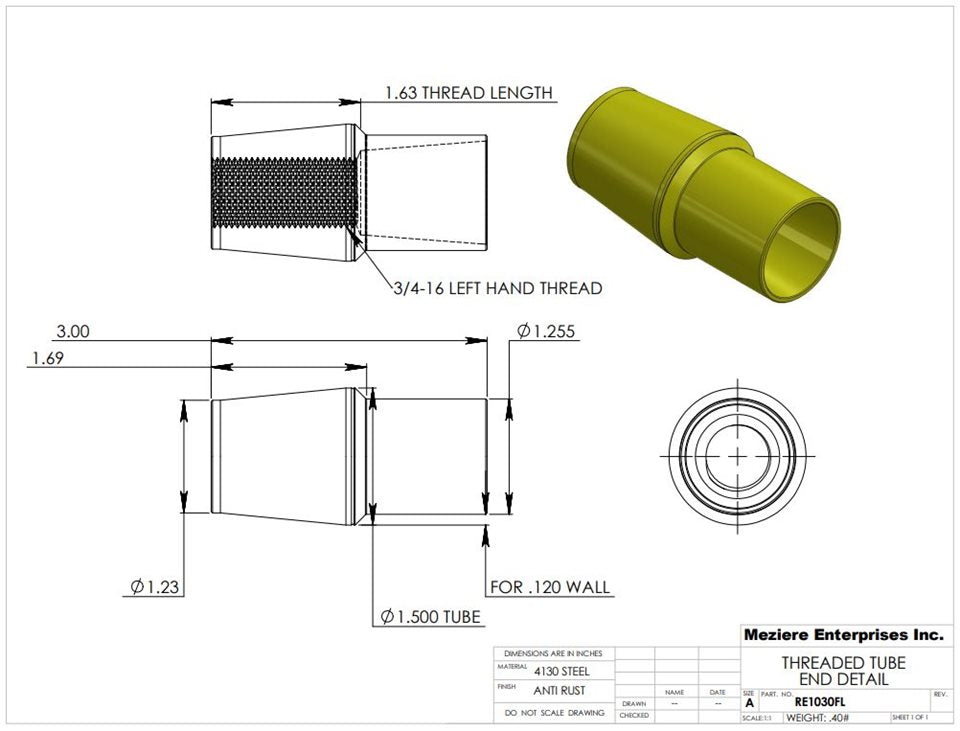 Tube End, fits 1-1/2" x .120 tube, 3/4-16 left thread