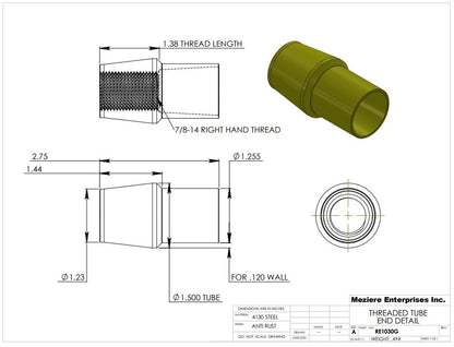 Tube End, fits 1-1/2" x .120 tube, 7/8-14 thread