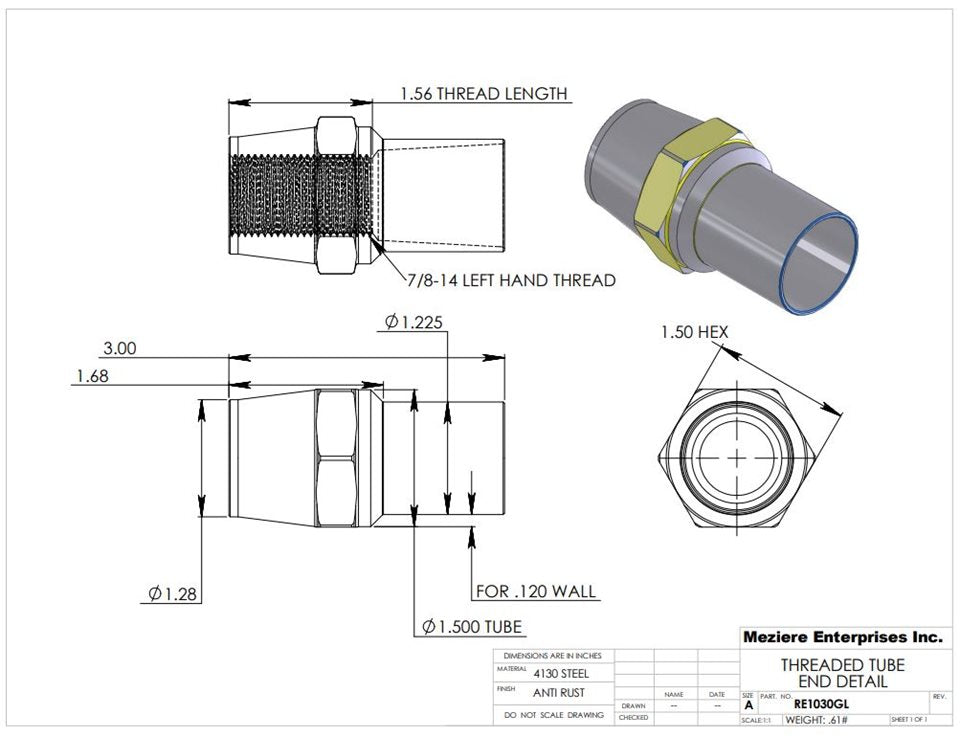 Tube End, fits 1-1/2" x .120 tube, 7/8-14 left thread