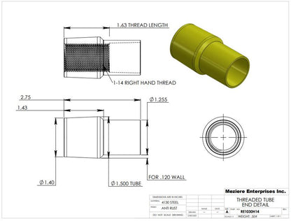 Extremo de tubo, se adapta a tubo de 1-1/2" x .120, rosca de 1"-14