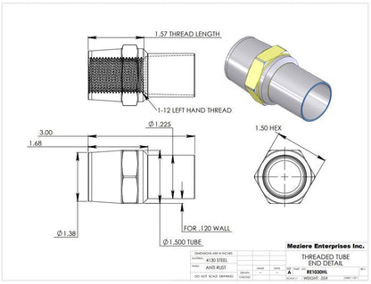 Extremo de tubo, se adapta a tubo de 1-1/2" x .120, rosca izquierda de 1"-12