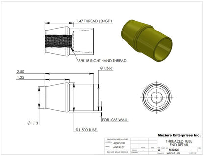 Tube End, fits 1-1/2" x .065 tube, 5/8-18 thread