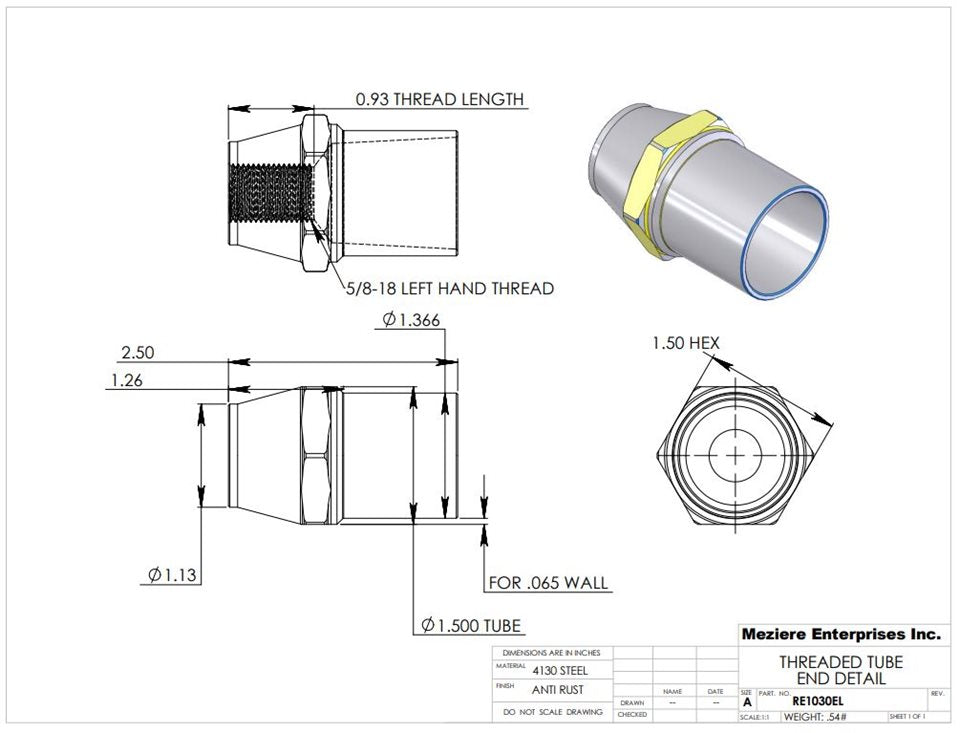 Tube End, fits 1-1/2" x .065 tube, 5/8-18 left thread