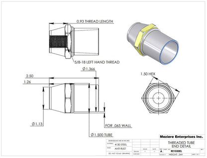 Tube End, fits 1-1/2" x .065 tube, 5/8-18 left thread
