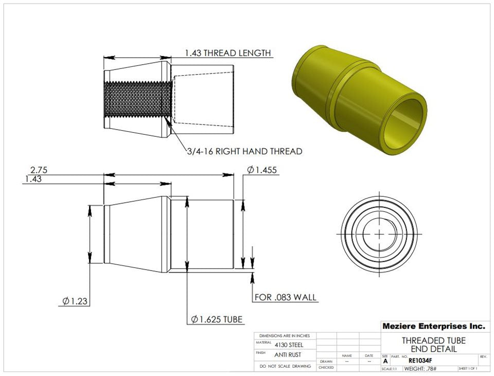Tube End, fits 1-5/8" x .083 tube, 3/4-16 thread