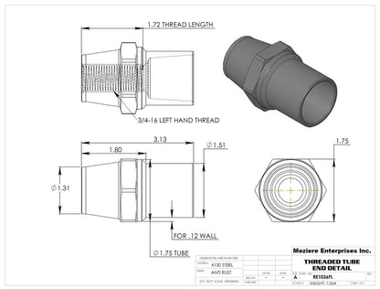 Tube End, fits 1-3/4" x .120 tube, 3/4-16 LH thread