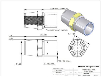 Tube End, fits 1-3/4" x .120 tube, 1"-12 left thread