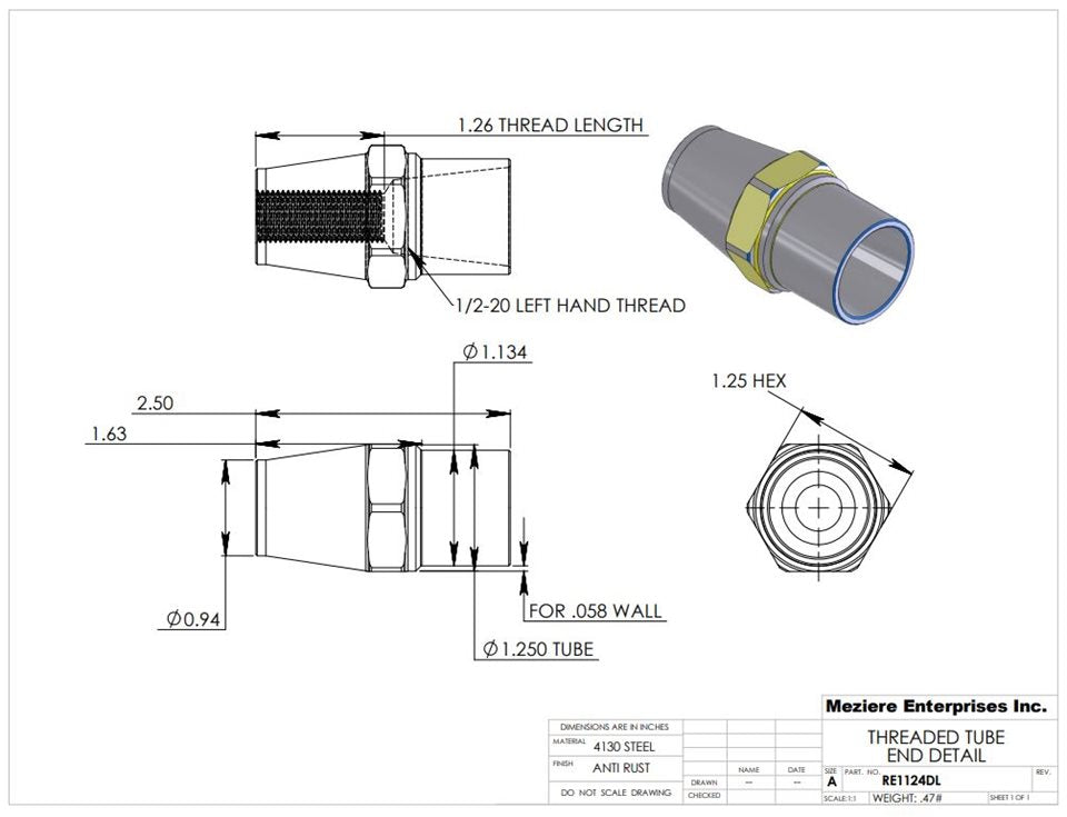 Tube End, fits 1-1/4" x .058 tube, 1/2-20 left thread