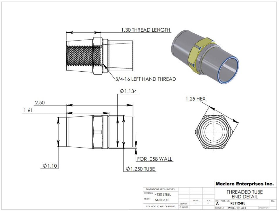 Tube End, fits 1-1/4" x .058 tube, 3/4-16 left thread