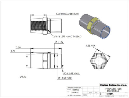 Tube End, fits 1-1/4" x .058 tube, 3/4-16 left thread