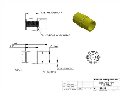 Rohrende, passend für 1-1/8" x .058 Rohr, 1/2-20 Gewinde