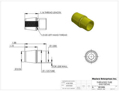 Extremo de tubo, se adapta a tubo de 1-1/8" x .058, rosca izquierda de 1/2-20