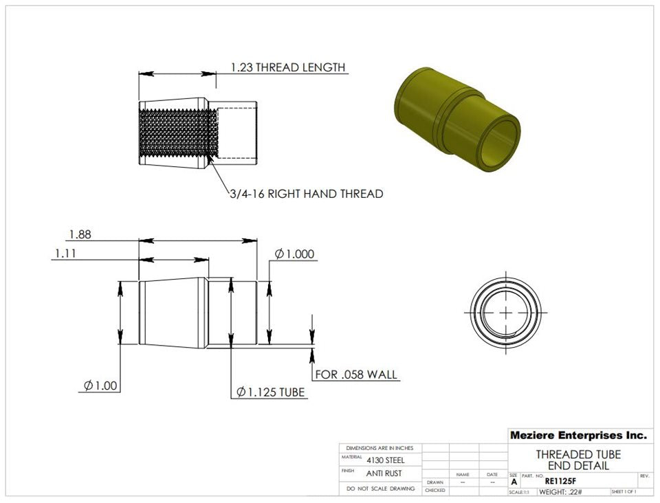 Tube End, fits 1-1/8" x .058 tube, 3/4-16 thread